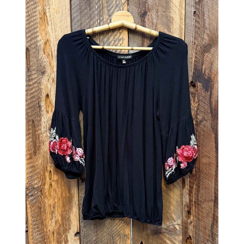 Womens Blouse M Black Embroidered Boho Cottage‎ Romantic Peasant Prairie Fairy